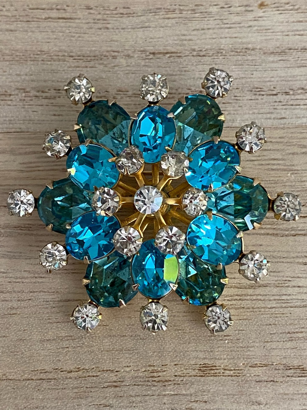 VTG Signed Coro Aqua Teal Rhinestone Flower Brooch Atomic Starburst